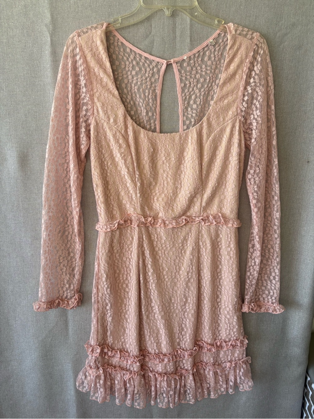 Lacey body hugging Blush Pink Long-Sleeve Ruffle Mini Dress Size Large fairycore